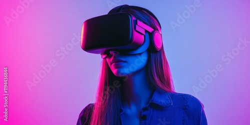 Girl with virtual reality glasses, exploring the concept of virtual reality and its transformative impact on futuristic augmented reality technologies and experiences. photo