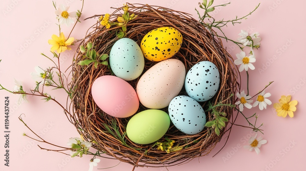 Obraz premium Flat lay border featuring colored Easter eggs in a wicker nest with spring flowers on a pink background