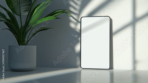 Modern Minimalist Tablet Mockup with Plant and Sunlight Shadows on White Background