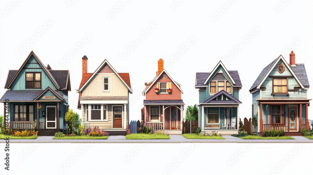 Suburban houses set isolated on white background. Vector cartoon illustration of traditional american town cottages with windows, doors, porch, chimney on roof, wooden facade, street design elements Suburban houses set isolated on white background. Vector cartoon illustration of traditional american town cottages with windows, doors, porch, chimney on roof, wooden facade, street design elements