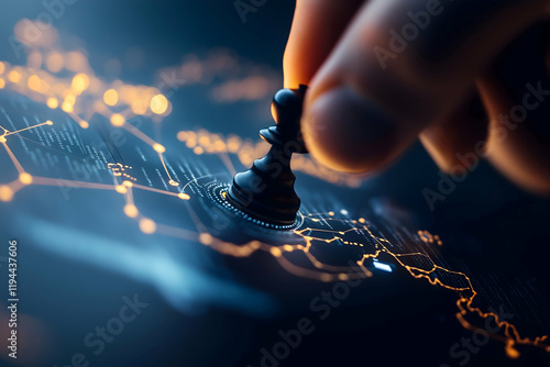 A hand moves a chess piece over a digital map, symbolizing strategy and decision-making in a technological landscape.