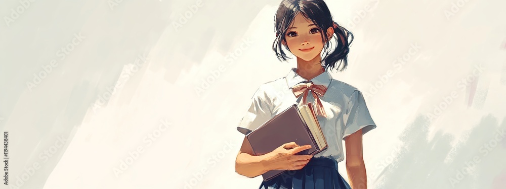 Obraz premium A female student stands holding a book while looking at the camera