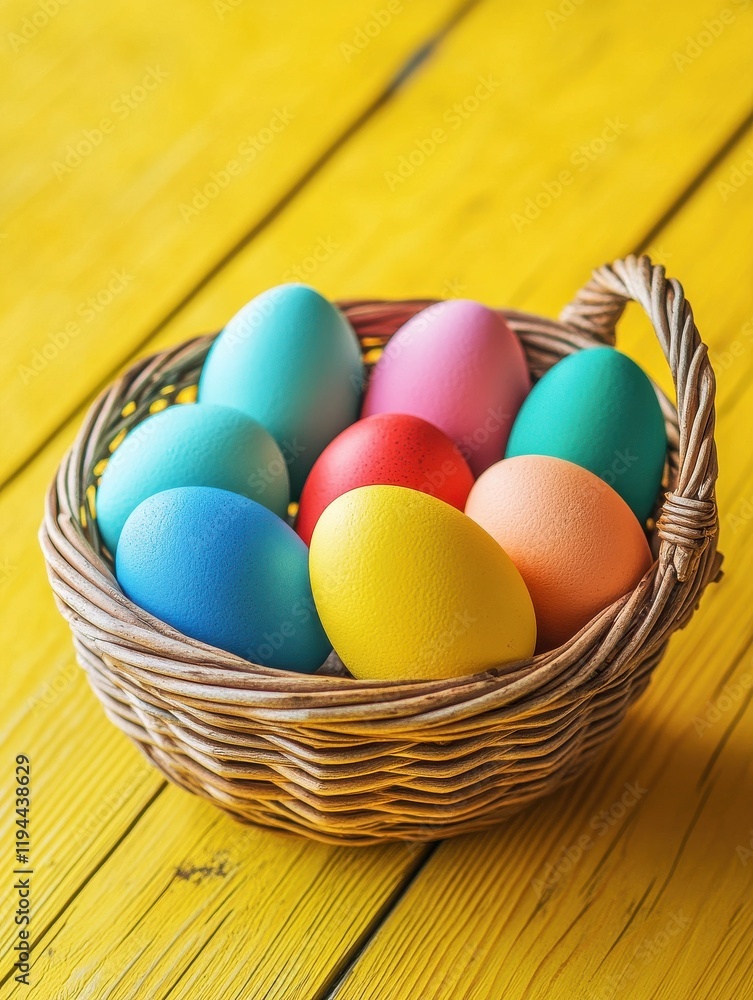 Naklejka premium easter, holidays, tradition and object concept - close up of colored eggs in basket over yellow wooden boards background