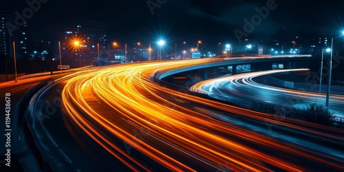 Nighttime scene featuring orange car lights captured with a long exposure technique, showcasing vibrant orange light trails from moving vehicles in the dark.