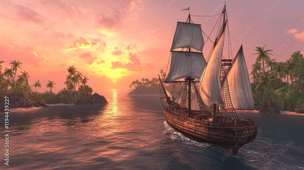 Fototapeta premium Wooden ship with white sails floating under pink sky at sunrise seascape view with tropical island and palm trees. Ancient frigate at morning sea, scenery nature landscape, Cartoon vector illustration