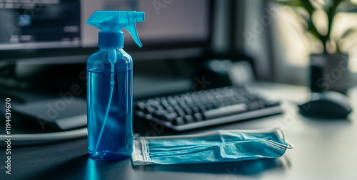 Wallpaper Mural A blue hand holding cleaning spray and a mask placed on an office desk, viewed from an eye-level perspective, Torontodigital.ca