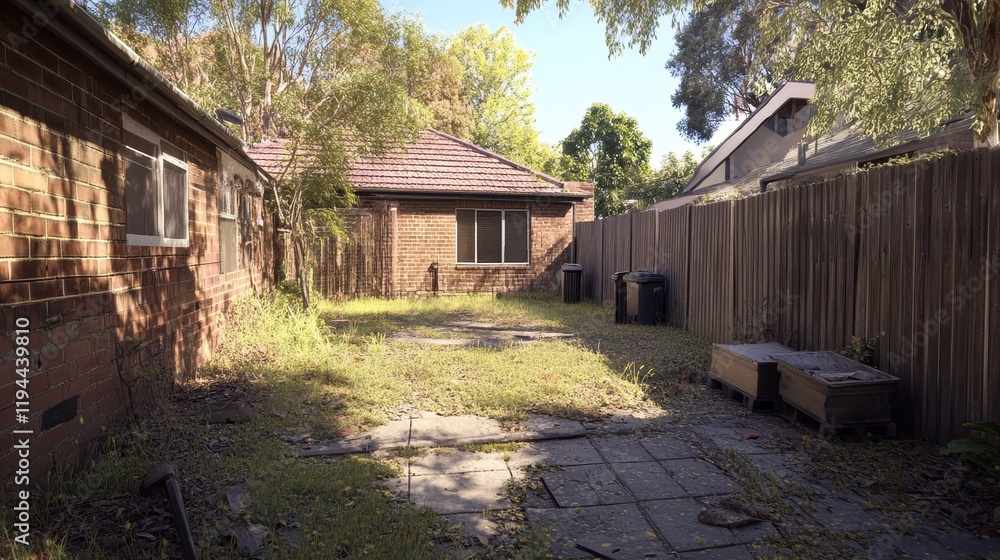 Overgrown backyard with brick house and wooden fence in suburban setting Overgrown backyard with brick house and wooden fence in suburban setting