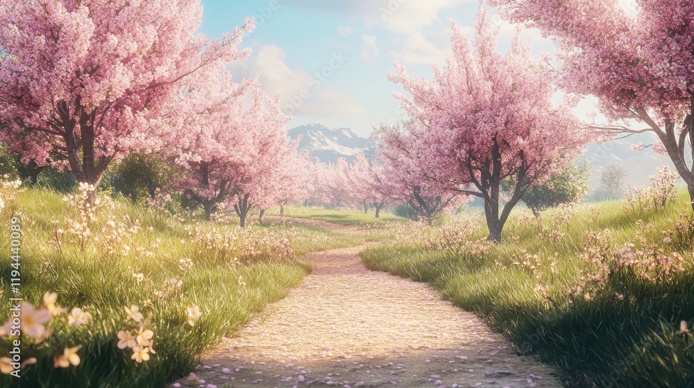Serene pathway through blooming cherry blossom trees in a sunny spring landscape Serene pathway through blooming cherry blossom trees in a sunny spring landscape