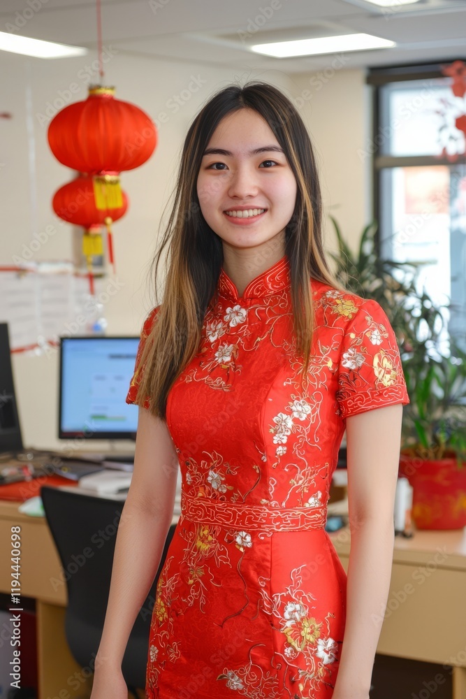 Staff members participate in Traditional Chinese Dress Day, wearing traditional outfits like qipaos, Generative AI Staff members participate in Traditional Chinese Dress Day, wearing traditional outfits like qipaos, Generative AI