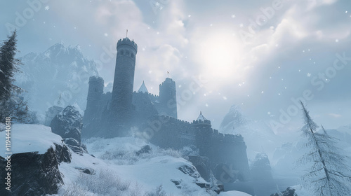Winter landscape with fairytale castle. Vector cartoon illustration of frozen palace with towers, rocky area covered with ice and snow, snowflakes in air, cloudy sky, tree branches, magic cold kingdom