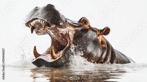 Hippopotamus roaring in water, wildlife, nature, close-up photo