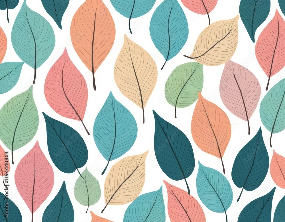 Fototapeta premium Pastel Leaves Seamless Pattern: Elegant Botanical Illustration with Soft Colors and Delicate Lines for Fashion, Textile, and Wallpaper Design