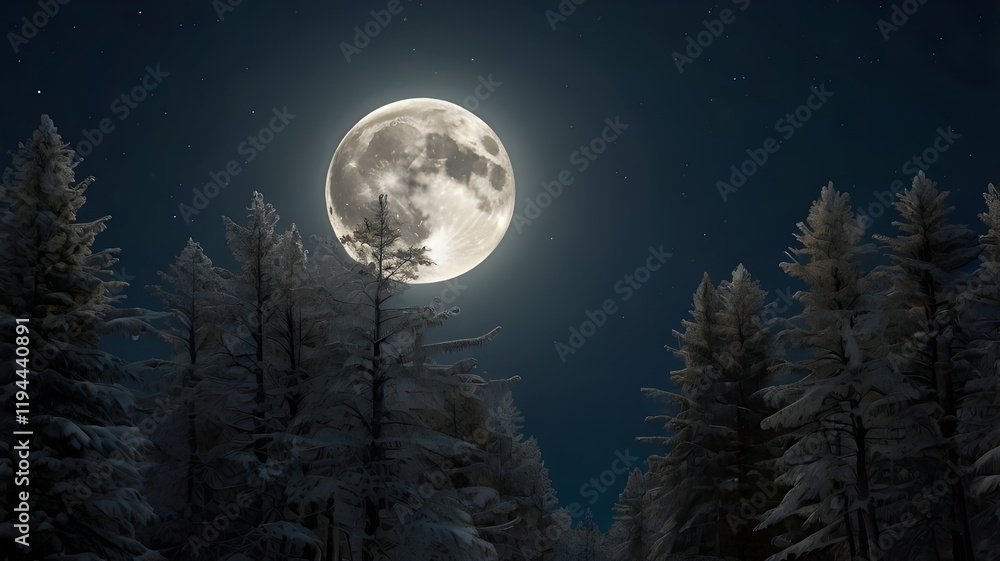 Fototapeta premium A stunning full moon rising in a clear night sky, casting a silver glow over a serene forest landscape, representing the mystical 'wolf moon' in January,Generative Ai