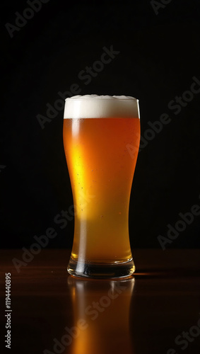 A glass of beer with a foamy head, placed on a wooden surface against a dark background