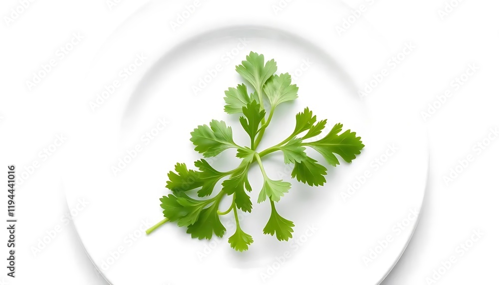 Fresh Cilantro Sprig on White Plate: Minimalist Culinary Still Life Fresh Cilantro Sprig on White Plate: Minimalist Culinary Still Life