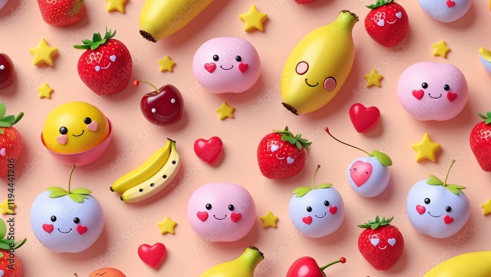 Obraz premium Cute pastel colored fruits and characters beautifully arranged on a soft surface, creating a delightful and cheerful visual experience