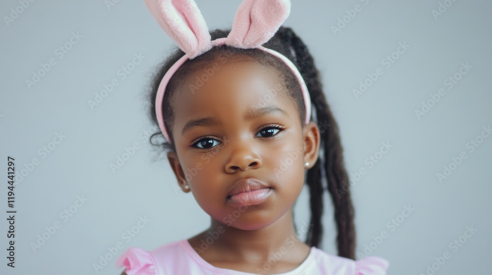 childhood, party props and easter concept - happy little african american girl wearing bunny ears headband posing over grey background