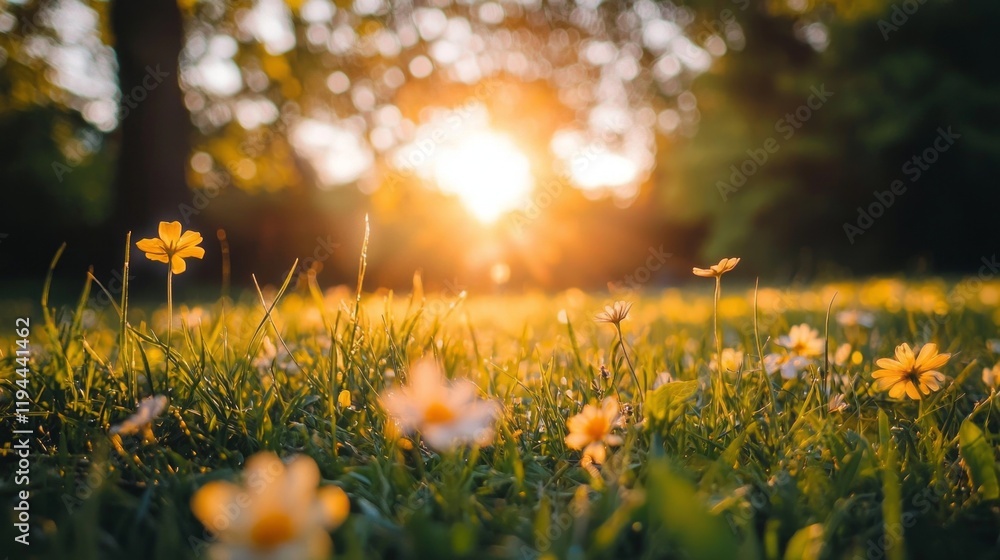 Fototapeta premium Golden flowers sway gently in a vibrant spring meadow, illuminated by a warm afternoon sun. This captivating landscape exudes tranquility and the beauty of nature's awakening