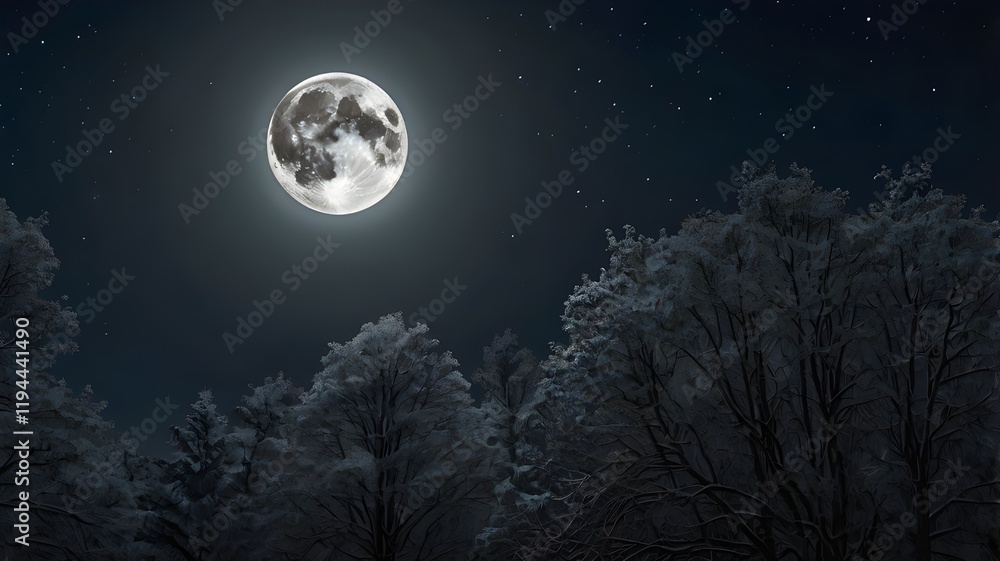 Fototapeta premium A stunning full moon rising in a clear night sky, casting a silver glow over a serene forest landscape, representing the mystical 'wolf moon' in January,Generative Ai