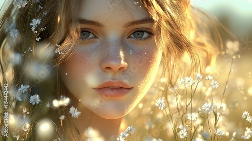 Young woman with freckles surrounded by sunlit flowers in a field