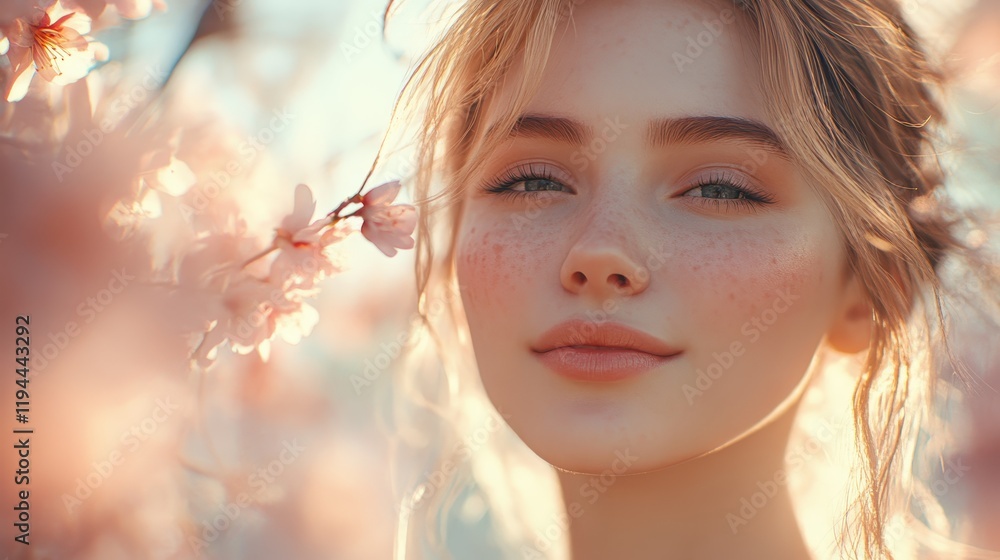 Fototapeta premium Young woman amidst cherry blossoms in sunlight