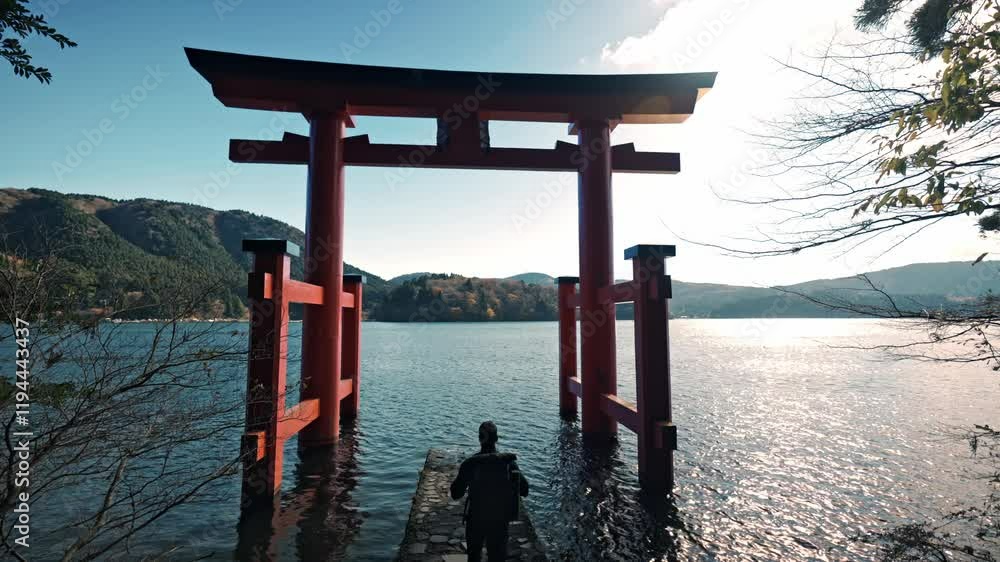 A cinematic video clip featuring a man walking through the peaceful grounds of Hakone Shrine, located by the picturesque Lake Ashi. A cinematic video clip featuring a man walking through the peaceful grounds of Hakone Shrine, located by the picturesque Lake Ashi.
