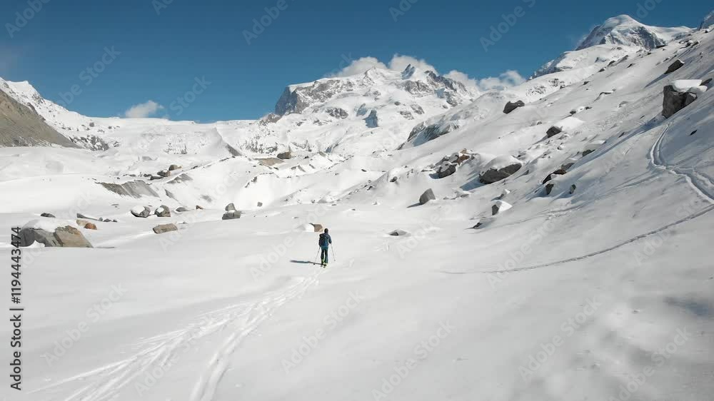 Aerial flyover over a skier and Gorner glacier in Zermatt, Switzerland covered in snow on a sunny winter ski tour next to the tallest peaks of the Swiss Alps with a view of Monte Rosa in background.