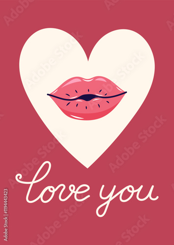 Valentine's Day Card with Kissing lips and inscription love you. Simple cute greeting card. Vector illustration.