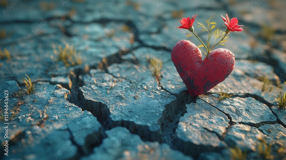 Fototapeta premium Beauty in Brokenness: A Flower Growing from a Cracked Heart, Symbolizing Healing