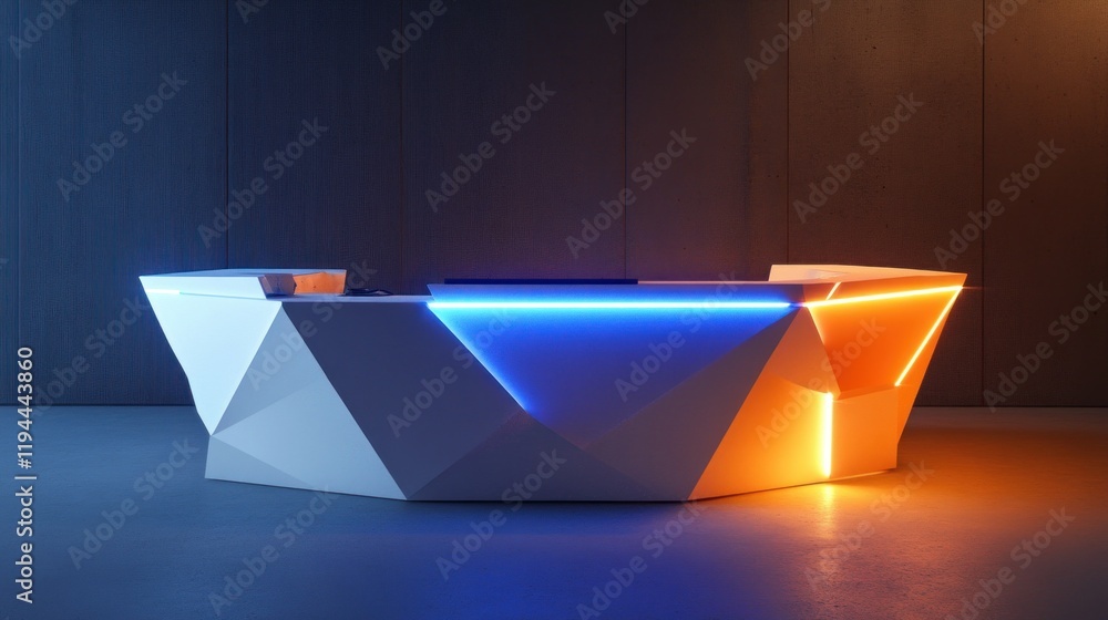 Hexagonal modular reception desk with contrasting white, orange, and blue finishes, illuminated by soft, vibrant LED lighting for a contemporary touch Hexagonal modular reception desk with contrasting white, orange, and blue finishes, illuminated by soft, vibrant LED lighting for a contemporary touch