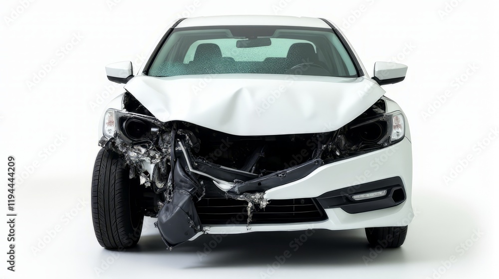 Front View of a Heavily Damaged Car With Extensive Damage to the Front Bumper, Grille, and Headlights, Exposing Internal Mechanical Components. Front View of a Heavily Damaged Car With Extensive Damage to the Front Bumper, Grille, and Headlights, Exposing Internal Mechanical Components.