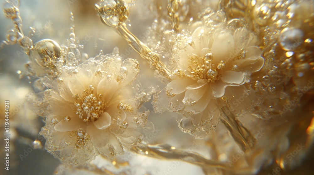 Fototapeta premium Golden Floral Resin Art Closeup Elegant Bubbles Background