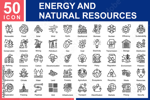 Energy and Natural Resources Icon Collection Set.
Renewable,Fossil,Solar,Wind,Hydro,Geothermal,Biomass,Nuclear,Efficiency,Sustainability,Conservation,Extraction Icon Symple Outline Vector