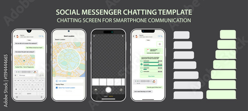 Modern Smartphone Messenger UI Template: Social Communication App Design for Chat and Messaging.Chat App in Smart Mobile Phone Template. Modern Realistic Cellphone. Vector.
