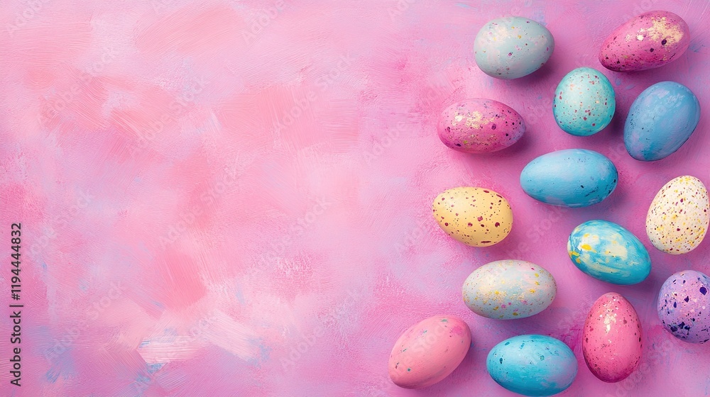 Flat lay frame featuring colored Easter eggs on a pink background. Happy Easter concept banner with copy space. Top view design ideal for spring templates, cards, posters, and ads. Flat lay frame featuring colored Easter eggs on a pink background. Happy Easter concept banner with copy space. Top view design ideal for spring templates, cards, posters, and ads.