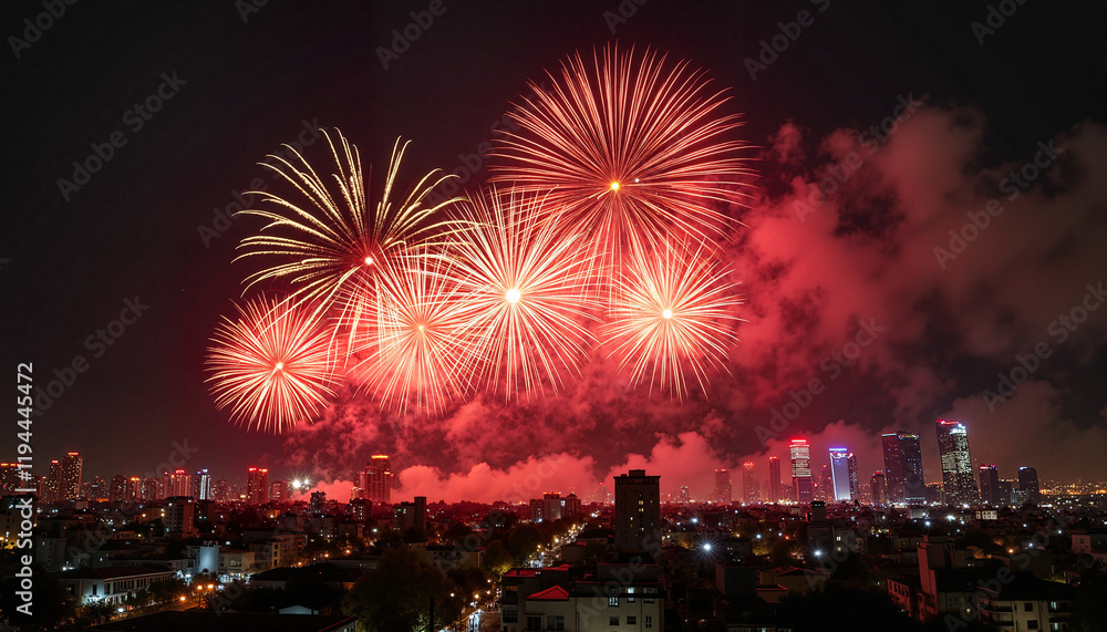 Joyful fireworks display illuminating skyline at night, Lunar New Year celebration Joyful fireworks display illuminating skyline at night, Lunar New Year celebration