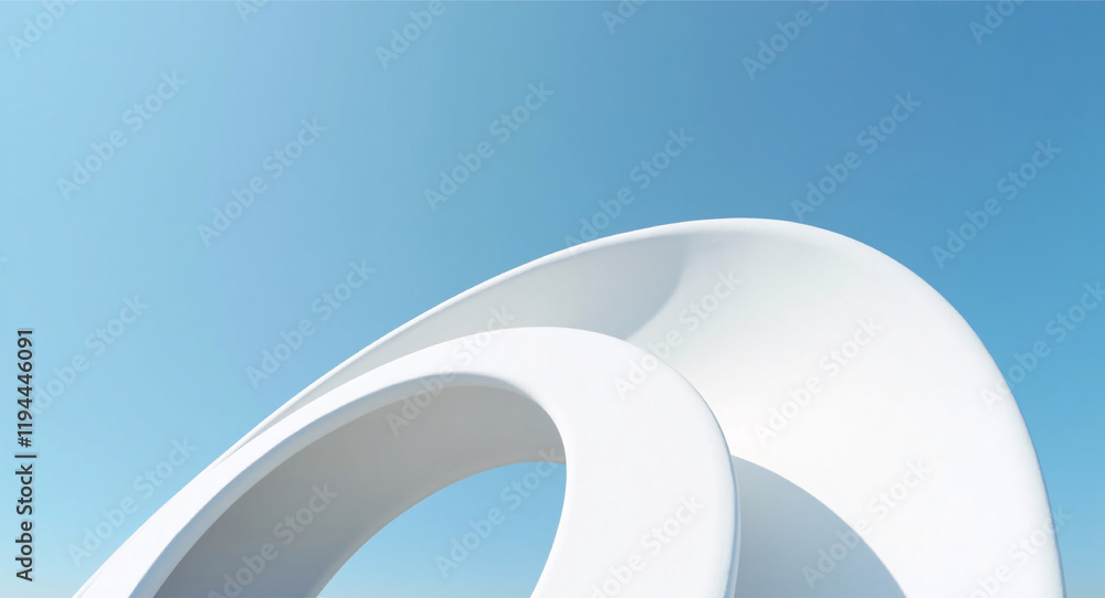 A white, abstract, architectural structure curves and loops against a clear blue sky A white, abstract, architectural structure curves and loops against a clear blue sky