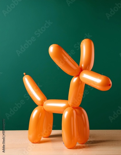 An animal figure made of modelling balloons on table against color background
