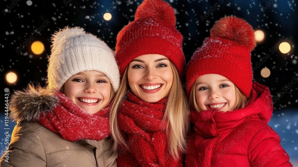 Fototapeta premium joyful family of three stands close together in a winter wonderland, wearing colorful hats and scarves