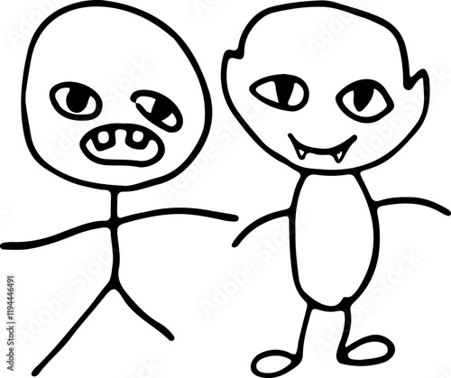 two anthropomorphic little people stand next to each other, one of them has horns and fangs