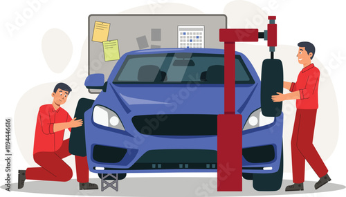 A skilled auto repair technician working diligently on a car's tires, using professional tools to ensure safety and performance.
