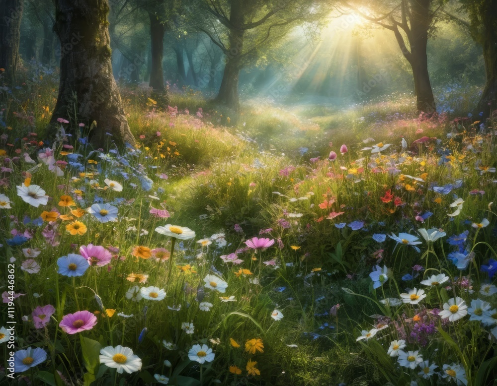 Obraz premium Sunlit Forest Path, Magical Meadow of Wildflowers, Dreamy Summer Landscape