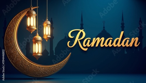 Ramadan Greeting Featuring Ornate Crescent Moon And Lanterns photo