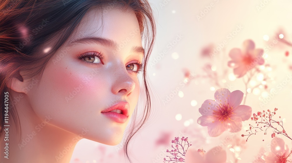 Young woman in ethereal blossom scene with pink flowers and soft lighting Young woman in ethereal blossom scene with pink flowers and soft lighting
