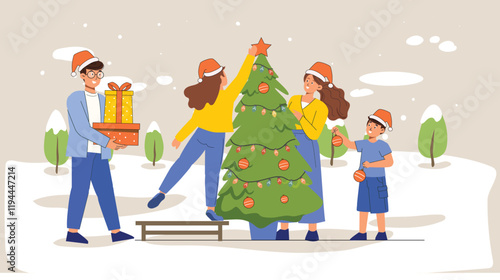A magical scene where Santa is gifting presents to a little girl under a Christmas tree with stockings, spreading festive cheer.