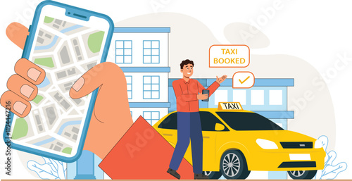 A modern and convenient taxi ride illustrated with a smartphone tracking location, highlighting the ease of transportation in today’s world.