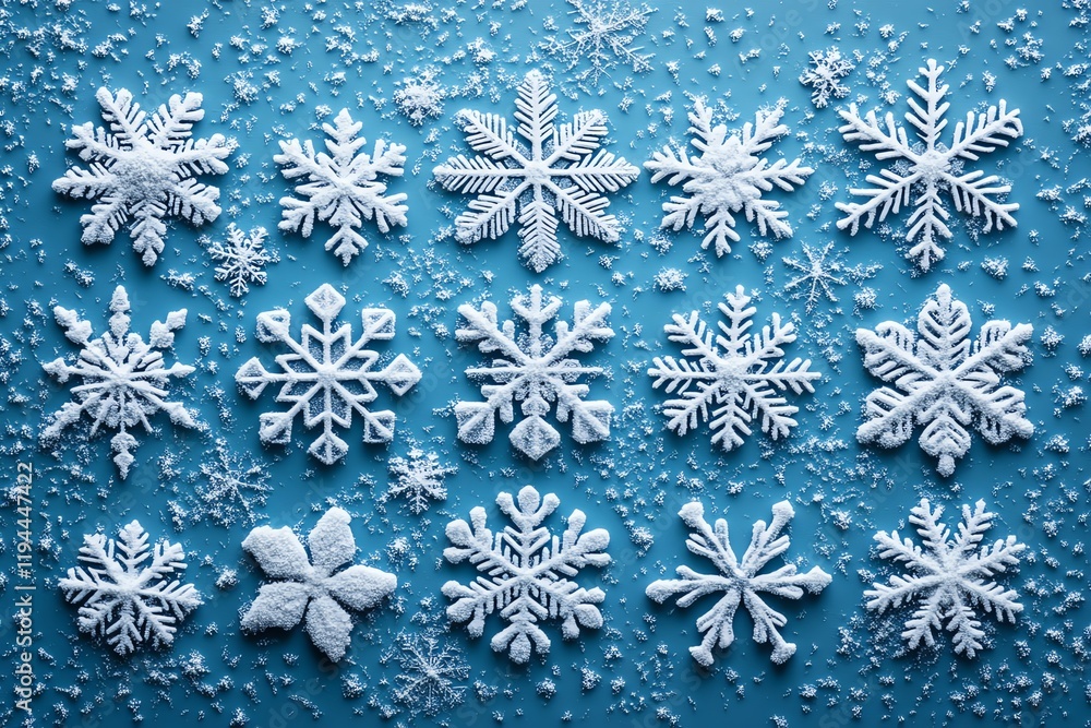 A collection of various white snowflakes on a blue background, creating a winter theme. A collection of various white snowflakes on a blue background, creating a winter theme.