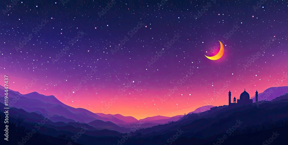 Naklejka premium Vector illustration of a purple gradient night sky with stars and moon, a mosque silhouette in the bottom right corner, at the center top, colorful.