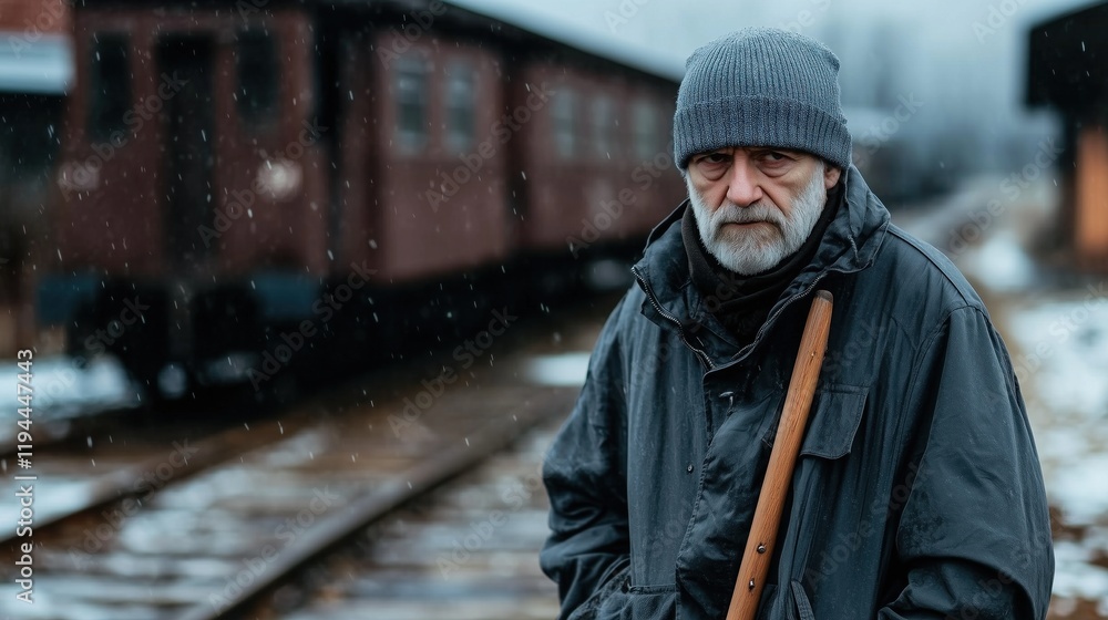 weathered elderly man stands alone next to abandoned train tracks covered with snow. He wears a beanie and a long coat, holding a staff while gazing into the distance on a cold winter day weathered elderly man stands alone next to abandoned train tracks covered with snow. He wears a beanie and a long coat, holding a staff while gazing into the distance on a cold winter day