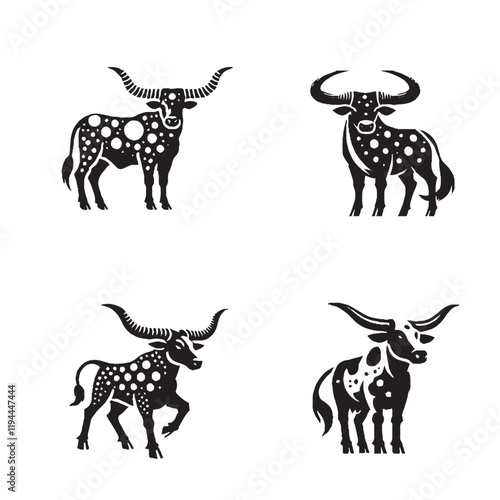 Set of 4 Detailed Monochrome Vector Silhouettes of the Six-spotted Longhorn Isolated on a White Background